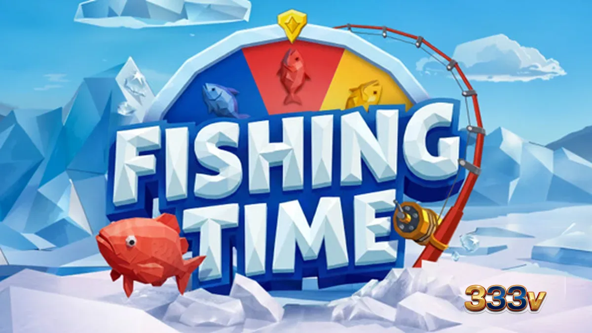 Tampilan visual permainan Fishing Time dengan tema memancing musim dingin yang ikonik