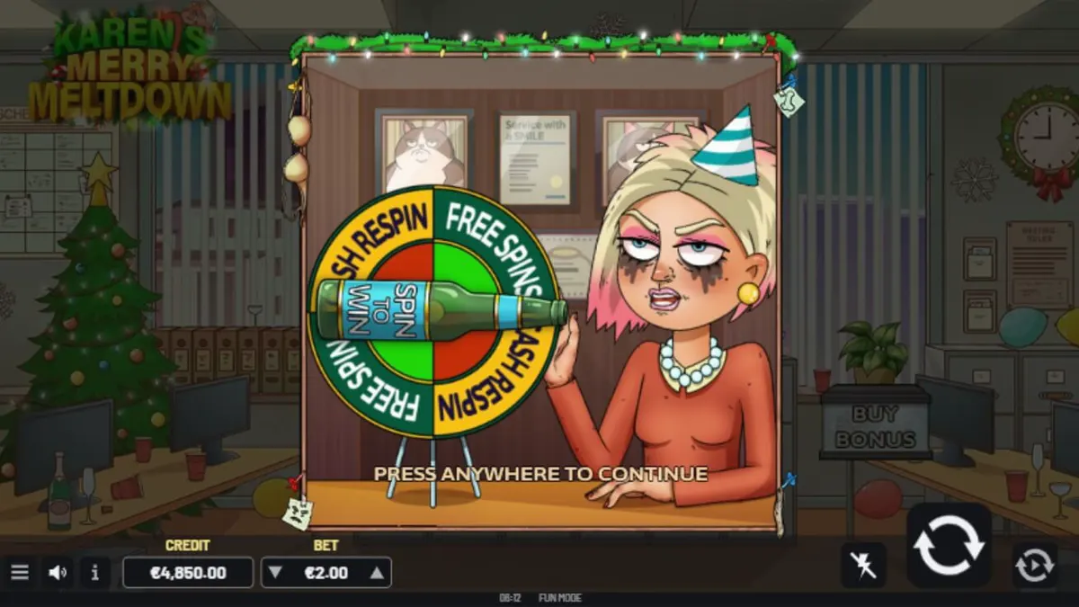 Tampilan visual slot Karen’s Merry Meltdown dengan tema pesta kantor Natal yang kacau.