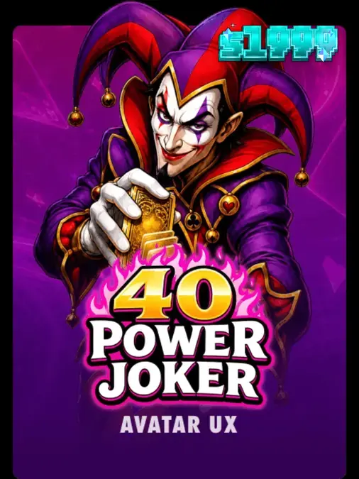 Tampilan visual mesin slot 40 Power Joker dengan simbol buah neon dan latar belakang ungu.